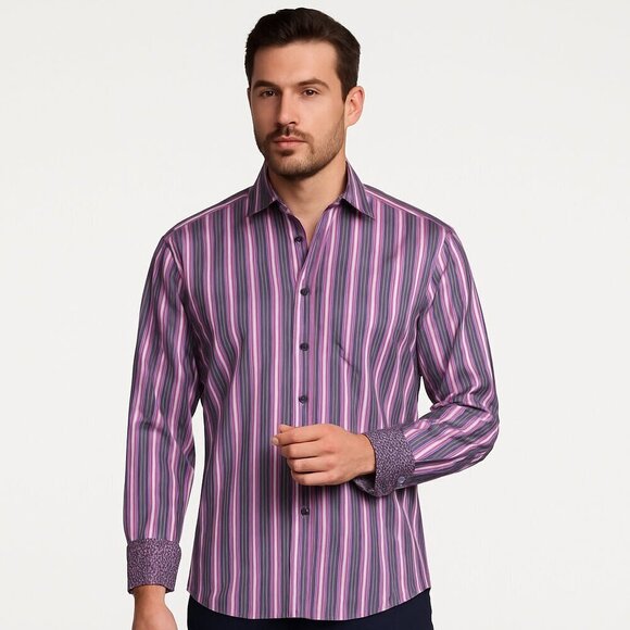 Bugatchi Other - Bugatchi Uomo Cotton Stripe Contrast Cuff Button-Up JEWEL TONE Purple L Office